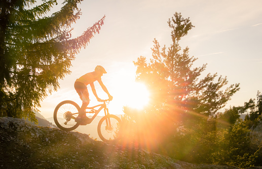 A silhouetted mountain biker at sunset in a forest area