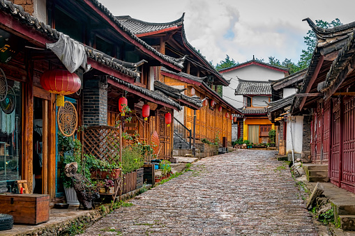 Example of Historic Cobblestone Street in Ethnic Minority Rural Village Village in Southern China, Yunnan Province.