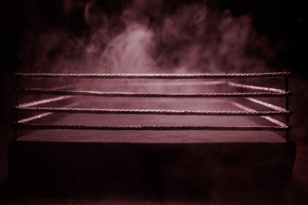 istock Empty boxing ring with red ropes for match in the stadium arena. Creative artwork decoration 1147127077