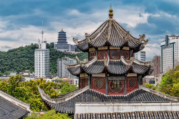 View of Historic Pagoda Towers with City Skyline and Mountain Park in Guiyang, Guizhou, China.