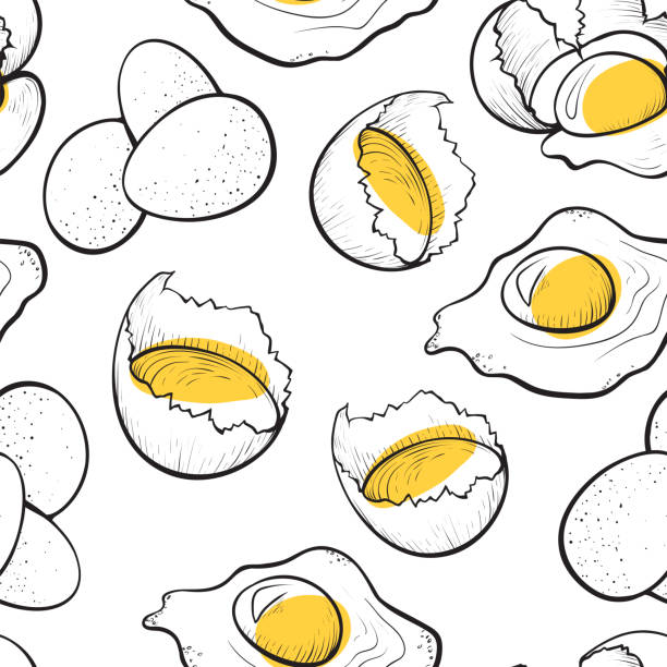 ilustraciones, imágenes clip art, dibujos animados e iconos de stock de patrón sin costuras de huevo roto, cocina de granja natural - huevo etapa de animal