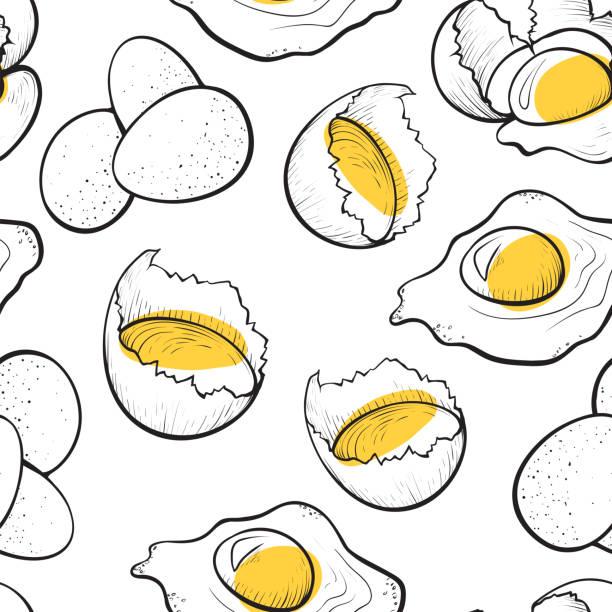 Broken egg seamless pattern, natural farm cooking Broken egg seamless pattern, natural farm cooking. White and yolk cracked shell decoration. Vector line art illustration broken egg shell clip art stock illustrations