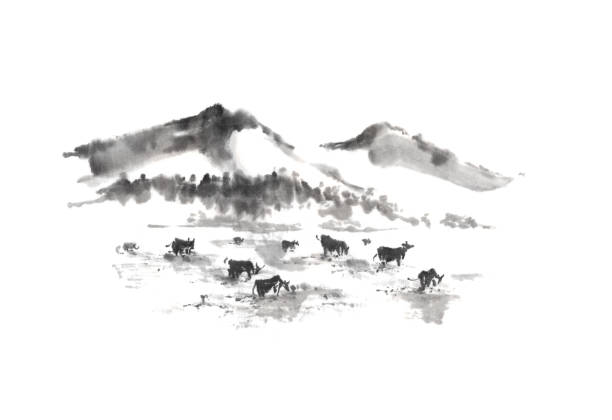 Japanese style sumi-e mountain pasture ink painting. Japanese style sumi-e mountain pasture ink painting. Great for greeting cards or texture design. bull pine stock illustrations