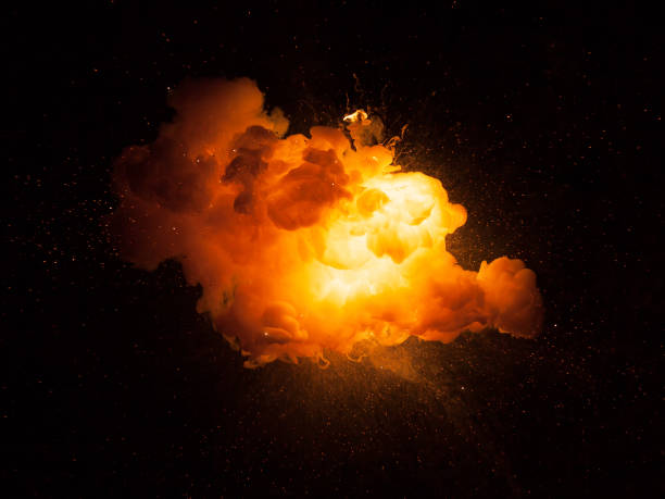 istock Realistic fiery bomb explosion with sparks and smoke isolated on black background 1147128642