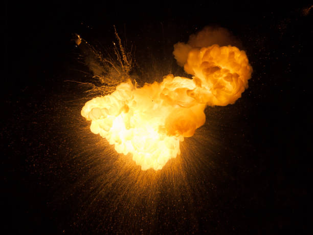 istock Realistic fiery bomb explosion with sparks and smoke isolated on black background 1147128765