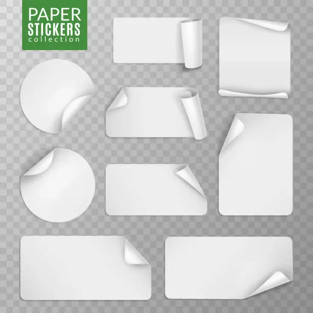 Vector illustration of Paper stickers set. White label sticker page, blank badge bent note sticky banners curled corners wrapped sheets. Vector isolated
