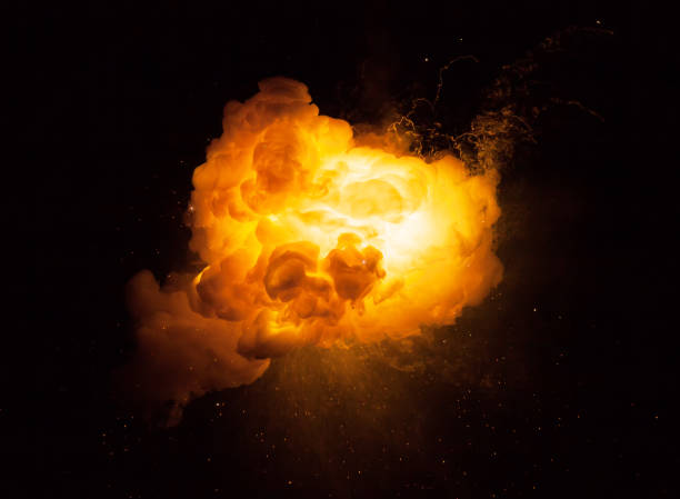 istock Realistic fiery bomb explosion with sparks and smoke isolated on black background 1147128863