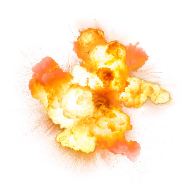 explosión ardiente aislada sobre fondo blanco - bang fotografías e imágenes de stock