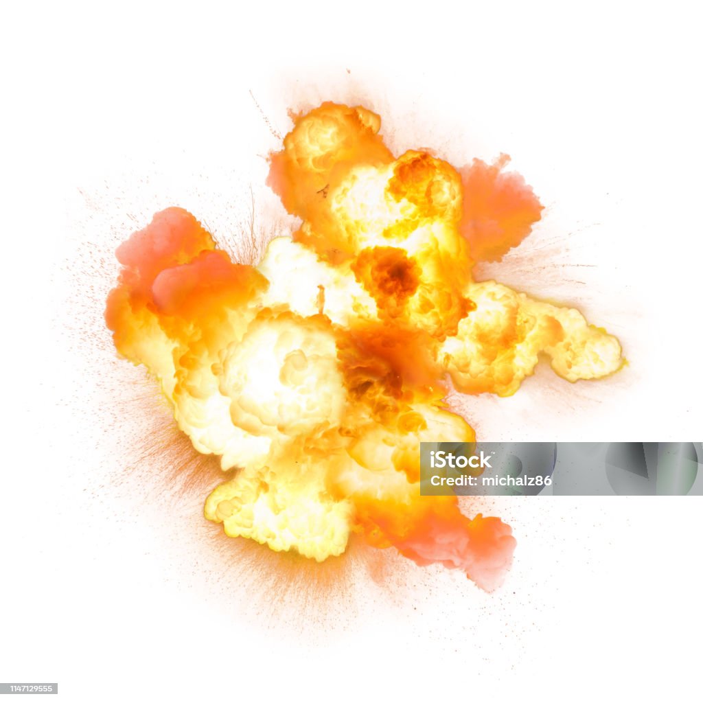 Fiery explosion isolated on white background Realistic fiery bomb explosion with sparks and smoke isolated on white background Exploding Stock Photo