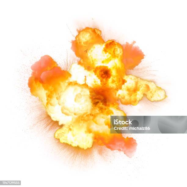 Fiery Explosion Isolated On White Background Stock Photo - Download Image Now - Exploding, Fire - Natural Phenomenon, Shooting a Weapon