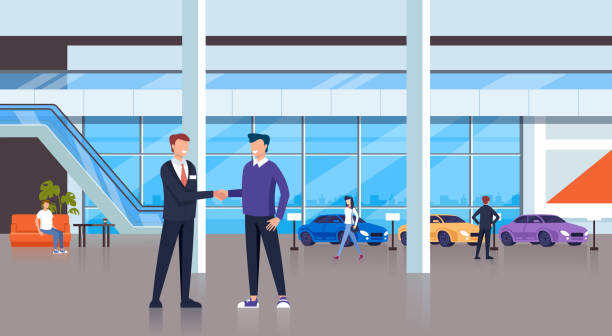 Seller man shaking hand with consumer client character. Cars shop store concept. Vector design flat graphic cartoon illustration Seller man shaking hand with consumer client character. Cars shop store concept. Vector design flat graphic cartoon car sales stock illustrations