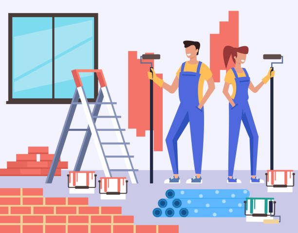 ilustrações, clipart, desenhos animados e ícones de dois caráteres do homem e da mulher dos povos que fazem a renovação do apartamento do reparo. conceito da construção. ilustração gráfica lisa dos desenhos animados do projeto do vetor - paint brushing house painter wall