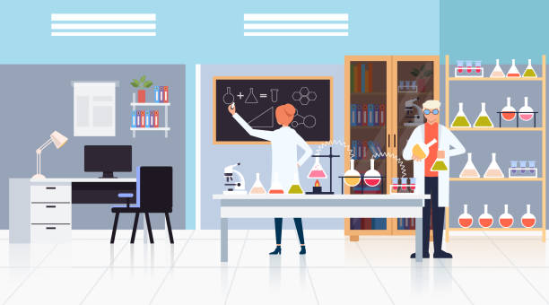 ilustrações de stock, clip art, desenhos animados e ícones de medicine workers scientists making test. science medicine pharmacy concept. vector design flat graphic cartoon illustration - research chemistry dna formula