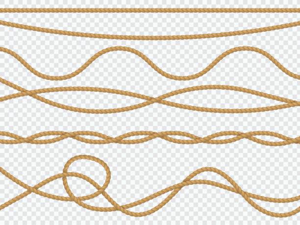 Realistic fiber ropes. Curve rope nautical cord straight lasso marine border brown jute twine natural tied packthread. Vector decor Realistic fiber ropes. Curve rope nautical cord straight lasso marine border brown jute twine natural tied packthread. Vector 3d decor arm sling stock illustrations