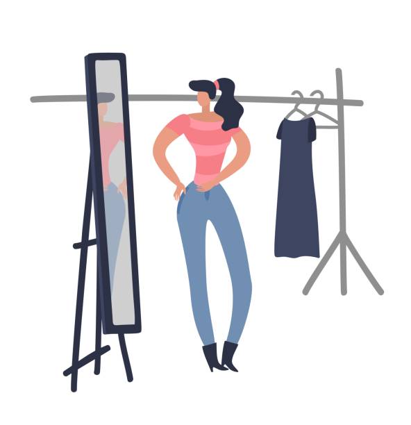 ilustrações, clipart, desenhos animados e ícones de mulheres comprando. a menina está tentando na forma o pano fêmea que olha a mulher vestido novo do projeto no quarto do boutique da loja - child clothing arrangement hanger