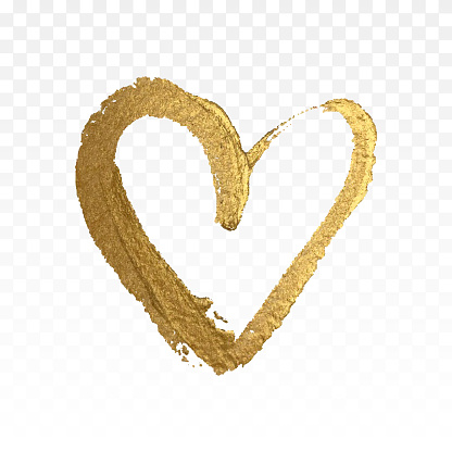 Gold glitter heart isolated on white.  Paint brush vector texture