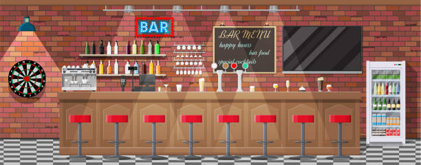 Interior of pub, cafe or bar. Drinking establishment. Interior of pub, cafe or bar. Bar counter, chairs and shelves with alcohol bottles. Glasses, tv, dart, fridge and lamp. Wooden decor. Vector illustration in flat style. cafe bar counter stock illustrations