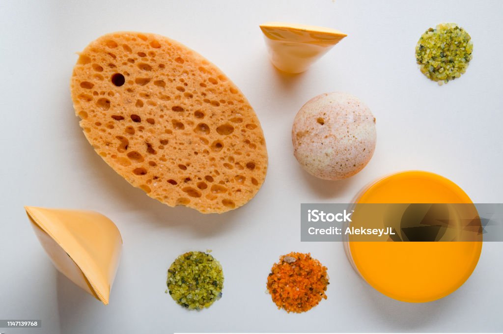 Sponge and shower accessories. Top view. Horizontal Stock Photo