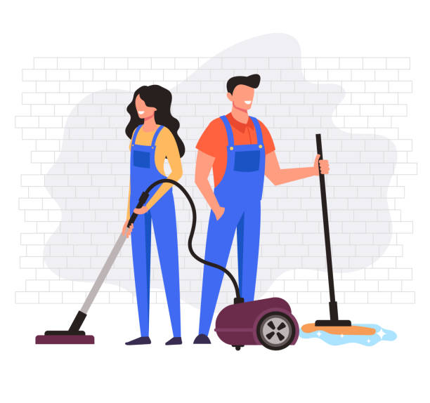 Man and woman workers character cleaning company service. Vector flat cartoon graphic design illustration Man and woman workers character cleaning company service. Vector flat cartoon graphic design crewmembers stock illustrations