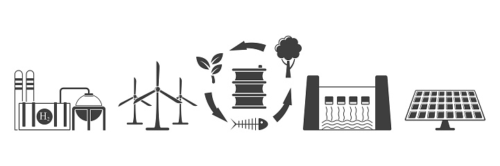 Set of environmentally friendly energy extraction icons. Vector on white background