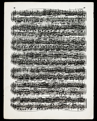 A digital composite of all the note pages to Beethoven's Rondo on a single page isolated on black.