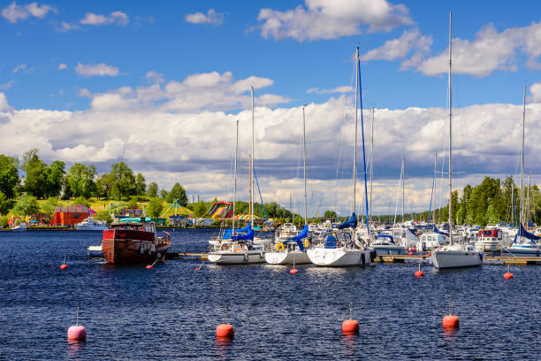 picturesque Lappeenranta port with yachts and boats Lappeenranta, Finland - June 23, 2018: picturesque Lappeenranta port with yachts and boats on a Sunny summer day saimaa stock pictures, royalty-free photos & images