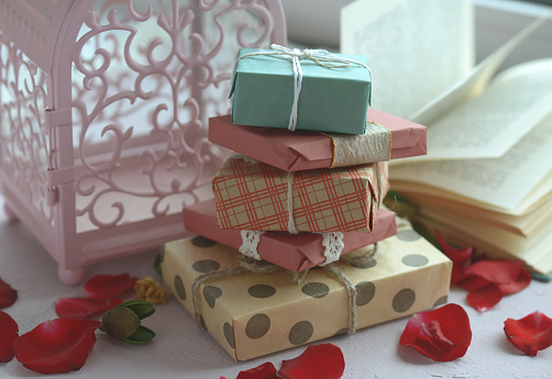 rose petals and gift box