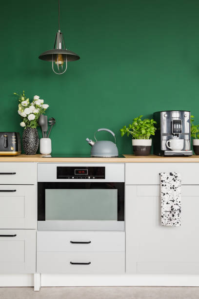 istock Roses in vase, herbs in pot and coffee maker on kitchen counter 1147153572