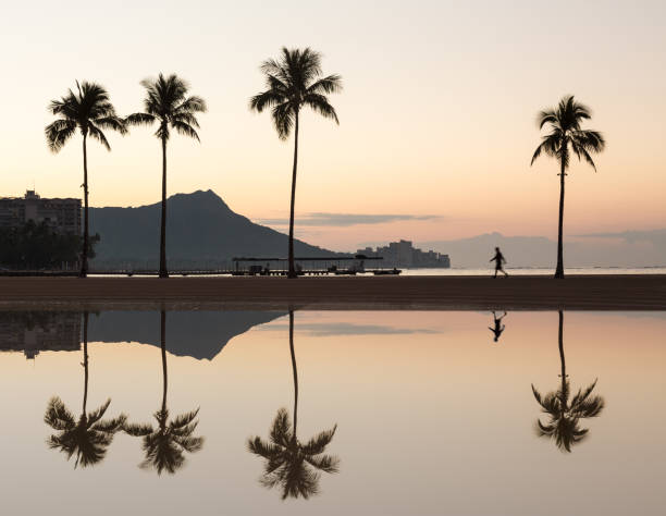 Sunrise over ocean with palm trees in Waikiki Hawaii Sunrise in Waikiki with Diamond Head reflected in calm waters of pond as walkers walk along the beach waikiki hawaii stock pictures, royalty-free photos & images