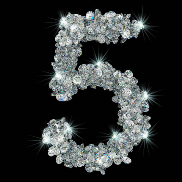 istock Number 5 from diamonds. 3D rendering isolated on black background 1147155926
