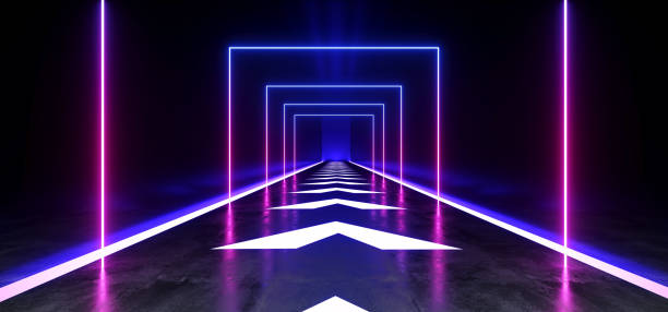 istock Arrows Track Concrete Grunge Brick Corridor Tunnel Dark Hall Reflective Neon Glowing Sci Fi Futuristic Modern  Path Purple Blue Vibrant Rectangle Shapes Gate Stage Show Laser 3D Rendering 1147156061