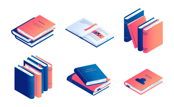 Isometric book vector illustration set - isolated closed and open paper literature or diary. Isometric book vector illustration set - isolated closed and open paper literature or diary with bookmarks for education and school studying concept, encyclopedia or dictionary. book illustrations stock illustrations