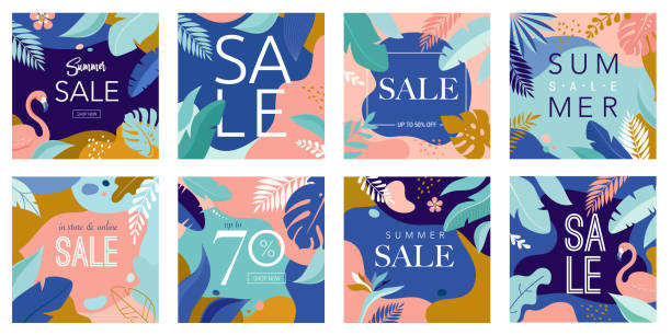 illustrazioni stock, clip art, cartoni animati e icone di tendenza di poster summer sale con foglie tropicali e fenicotteri, banner e sfondo in moderno stile piatto. illustrazione vettoriale - tropical rainforest tropical climate flower frame