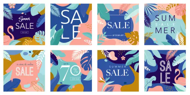 Vector illustration of Summer Sale poster with tropic leaves and flamingo, banner and background in modern flat style. Vector illustration