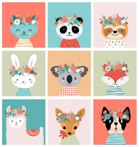 꽃 왕관과 귀여운 여우 머리, 보육, 포스터, 생일 인사말 카드에 대 한 벡터 원활한 패턴 디자인 - raccoon dog stock illustrations