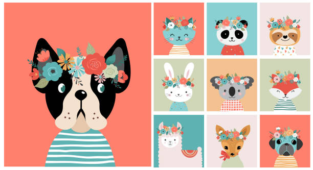 꽃 왕관 과 귀여운 여우 머리, 보육, 포스터, 생일 인사말 카드에 대 한 벡터 원활한 패턴 디자인 - raccoon dog stock illustrations