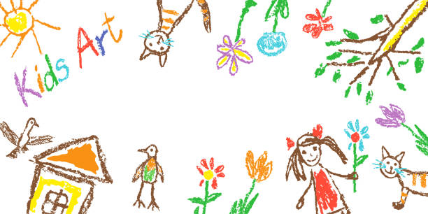 creative kid sztuki proste obramowanie, nagłówek banner lub ramki. jak ręcznie rysowane kredki dziecka wielokolorowy doodle ładny dom, dziewczyna, kot, kwiat. - kredka pastelowa stock illustrations