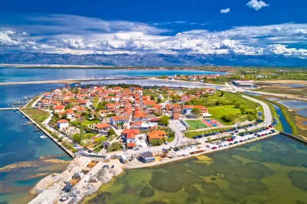 Historic town of Nin laguna aerial view, Dalmatia region of Croatia