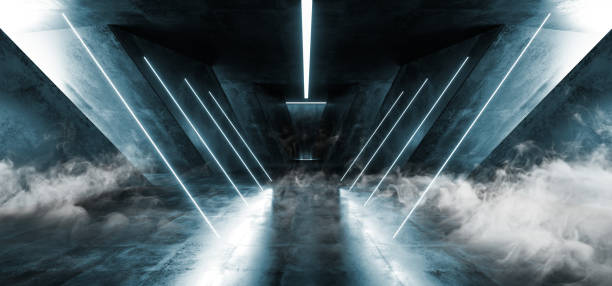 istock Smoke Sci Fi Fluorescent Vibrant Triangle Shaped Neon Glowing Blue White Lights In Huge Dark Cement Concrete  Grunge Underground  Garage Reflections Alien Spaceship Future Arch 3D Rendering 1147157637