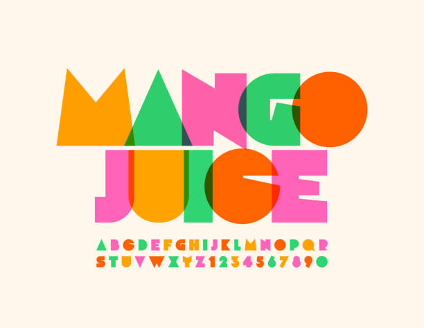 ilustraciones, imágenes clip art, dibujos animados e iconos de stock de vector brillante emblema de mango jugo con la creatividad transparente alfabeto - fruta ilustraciones