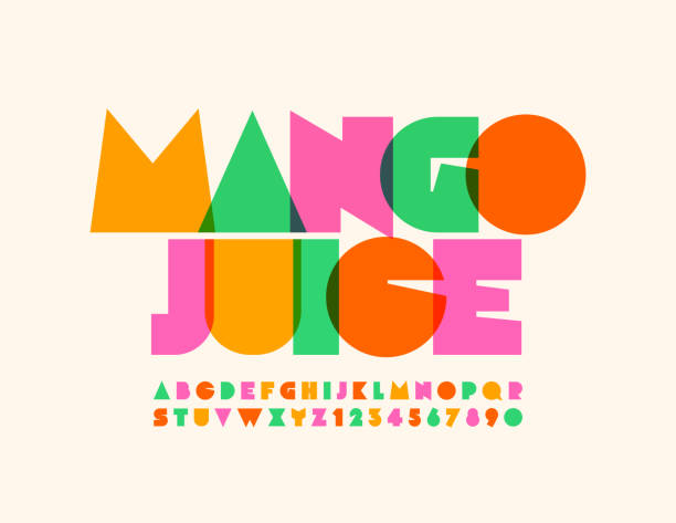 bildbanksillustrationer, clip art samt tecknat material och ikoner med vektor ljus emblem mango juice med transparent kreativt alfabet - juice