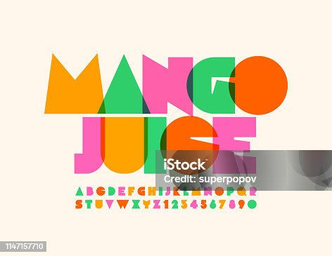 istock Vector bright emblem Mango Juice with transparent creative Alphabet 1147157710
