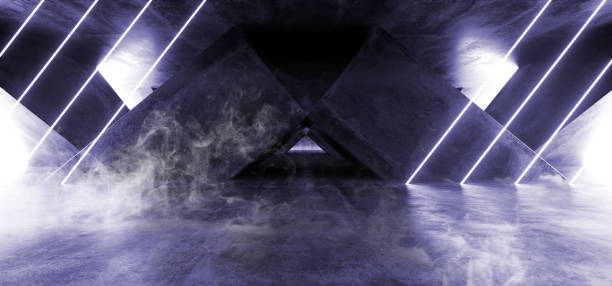 istock Smoke Sci Fi Fluorescent Vibrant Triangle Shaped Neon Glowing Violet Blue Lights In Huge Dark Cement Concrete  Grunge Underground  Garage Reflections Alien Spaceship Future Arch 3D Rendering 1147157727