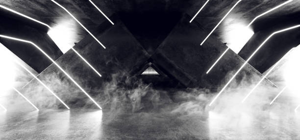 istock Smoke Fog Sci Fi Fluorescent Vibrant Abstract Shaped Neon Glowing Blue White Lights In Huge Dark Cement Concrete  Grunge Underground  Garage Reflections Alien Spaceship Future Arch 3D Rendering 1147157732