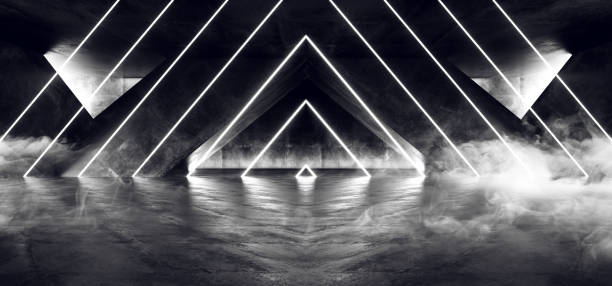 istock Smoke Fog Sci Fi Fluorescent Vibrant Triangle Shaped Neon Glowing Blue White Lights In Huge Dark Cement Concrete  Grunge Underground  Garage Reflections Alien Spaceship Future Arch 3D Rendering 1147157761