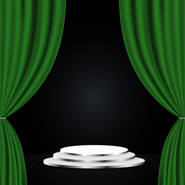 Green theatre curtain Podium with green curtain on black background. Empty pedestal for award ceremony stage curtain stock illustrations