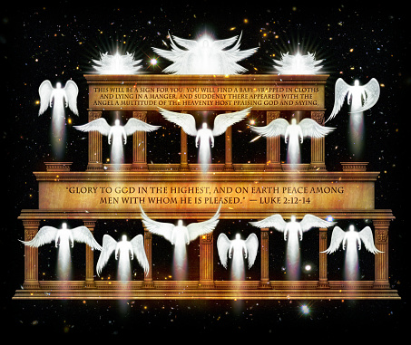 A Multitude of Angels Celebrate the Birth of Christ. They are assembled in a temple like edifice against a starry night sky. 3D Illustration
