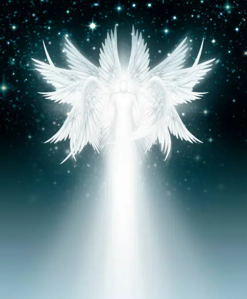 Digital illustration of an Multi Winged angel in the night sky full of stars.