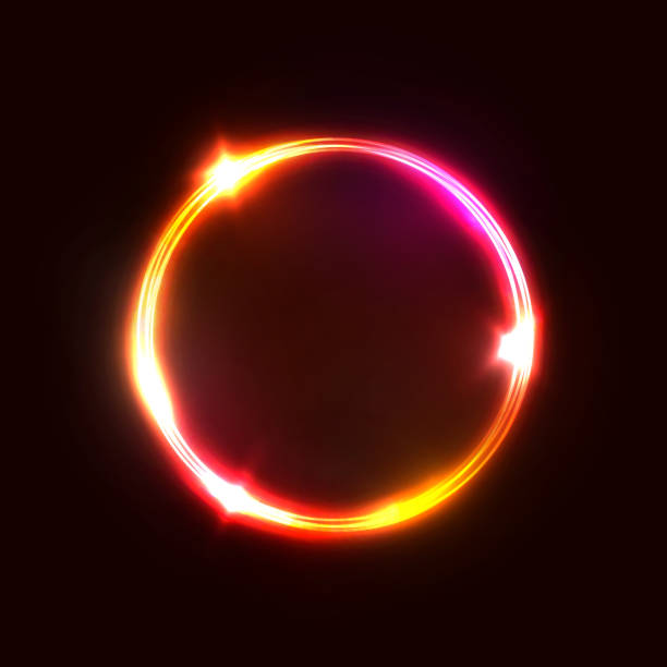 istock Neon red pink circle lamp sign isolated on dark red background. Electric geometric shape border with text space. Illuminated laser round signboard with flare sparkle stars. Bright vector illustration. 1147172582