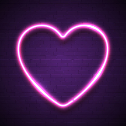 Pink Heart Background On Dark Violet Brick Wall Neon Electric Effect ...